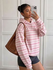 SHEIN 青少年女孩休閒粉色條紋校園日常連帽運動衛衣，厚款復古美式秋季保暖抓絨內裡，六年級黑色 - 粉色 - 查看 2