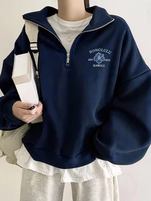 SHEIN 青少年女孩深藍色長袖秋冬衛衣 花卉印花休閒甜美街頭風 - 藏蓝色 - 查看 7