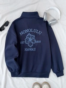 SHEIN 青少年女孩深藍色長袖秋冬衛衣 花卉印花休閒甜美街頭風 - 藏蓝色 - 查看 3