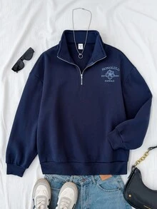 SHEIN 青少年女孩深藍色長袖秋冬衛衣 花卉印花休閒甜美街頭風 - 藏蓝色 - 查看 2