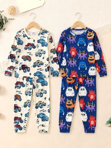 SHEIN 休閒極簡卡通圖案修身舒適圓領長袖居家服套裝，圓領長袖上衣 + 長褲 - 彩色 - 查看 4