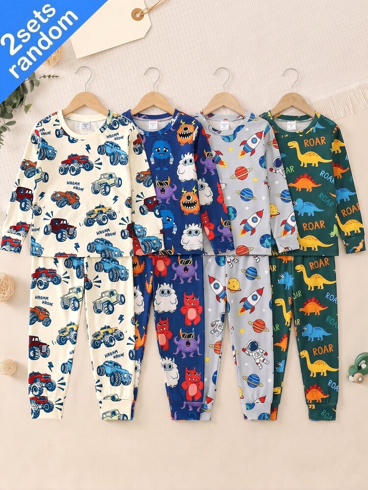 SHEIN Casual Minimalist Cartoon Pattern Fitted Comfortable Crew Neck Long Sleeve Loungewear Set, Crew Neck Long Sleeve Top + Pants - Multicolor - View 1