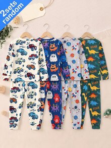 SHEIN 休閒極簡卡通圖案修身舒適圓領長袖居家服套裝，圓領長袖上衣 + 長褲 - 彩色 - 查看 2