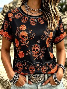 Selamara Women's Retro Halloween Skull Floral Art Casual Crew Neck Short Sleeve T-Shirt - Black - View 1