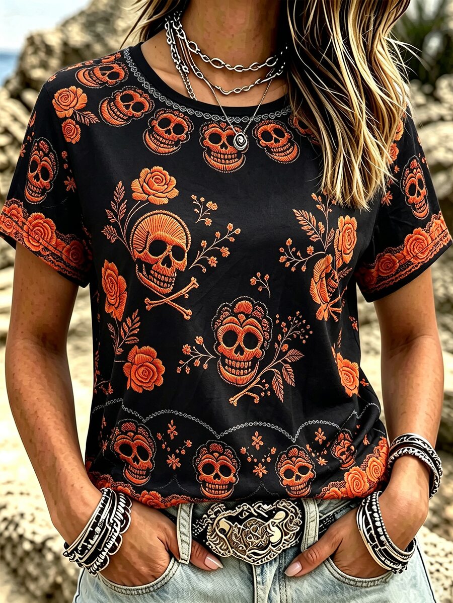 Selamara Women's Retro Halloween Skull Floral Art Casual Crew Neck Short Sleeve T-Shirt - Black - View 1