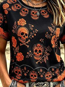 Selamara Women's Retro Halloween Skull Floral Art Casual Crew Neck Short Sleeve T-Shirt - Black - View 3