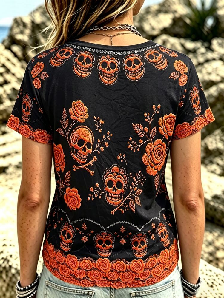 Selamara Kaos Wanita Retro Halloween Motif Tengkorak dan Bunga, Lengan Pendek Kasual dengan Kerah Bulat - Hitam - View 2