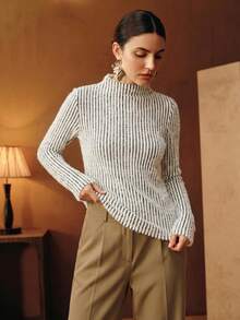 Anewsta Atasan Leher Tinggi Berbulu Motif Garis Vertikal Hitam Putih Modern, Lapisan Dasar Rajut Lengan Panjang Pas Badan - Hitam dan Putih - View 5