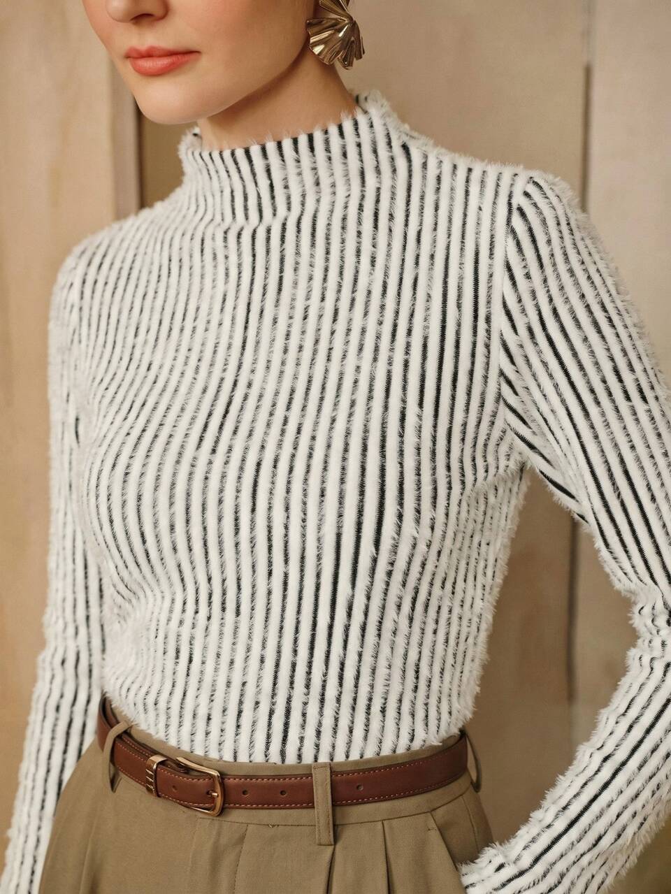 Modern Black & White Vertical Striped Fuzzy Mock Neck Top, Slim Fit Long Sleeve Knit Base Layer