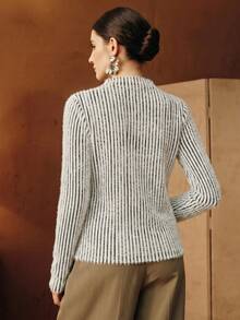 Anewsta Atasan Leher Tinggi Berbulu Motif Garis Vertikal Hitam Putih Modern, Lapisan Dasar Rajut Lengan Panjang Pas Badan - Hitam dan Putih - View 7