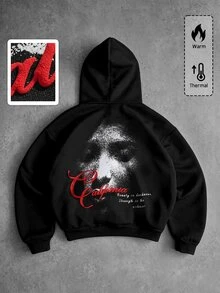 ROMWE MEN Street Life Men's Dark Portrait & Calligraphy Print Streetwear Hoodie - Black - View 6