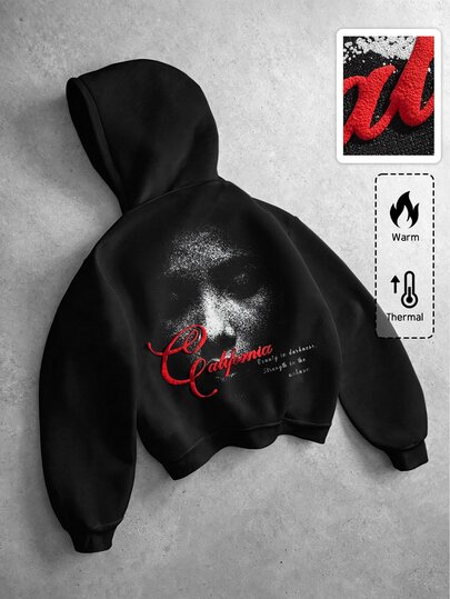 Street Life Men's Dark Portrait & Calligraphy Print Streetwear Hoodie