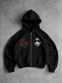 ROMWE MEN Street Life Men's Dark Portrait & Calligraphy Print Streetwear Hoodie - Black - View 3