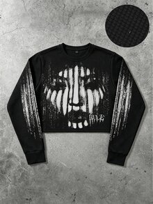 ROMWE MEN Street Life Men's Waffle Fabric Face Print Loose Fit T-Shirt - Black - View 1