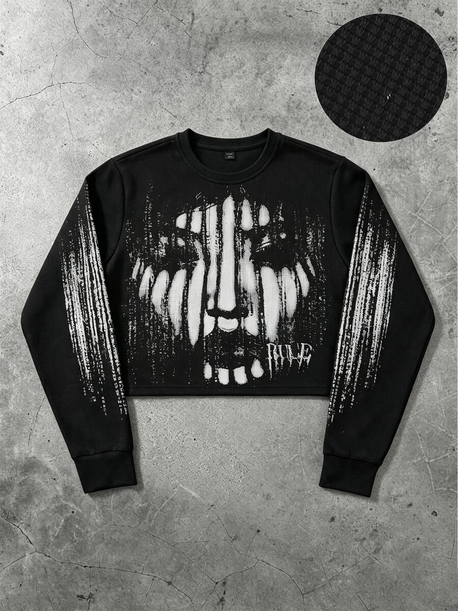 ROMWE MEN Street Life Men's Waffle Fabric Face Print Loose Fit T-Shirt - Black - View 1