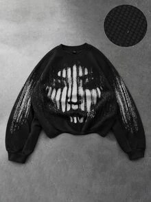 ROMWE MEN Street Life Men's Waffle Fabric Face Print Loose Fit T-Shirt - Black - View 7