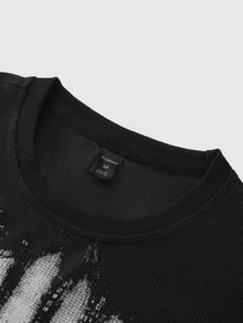 ROMWE MEN Street Life Men's Waffle Fabric Face Print Loose Fit T-Shirt - Black - View 4