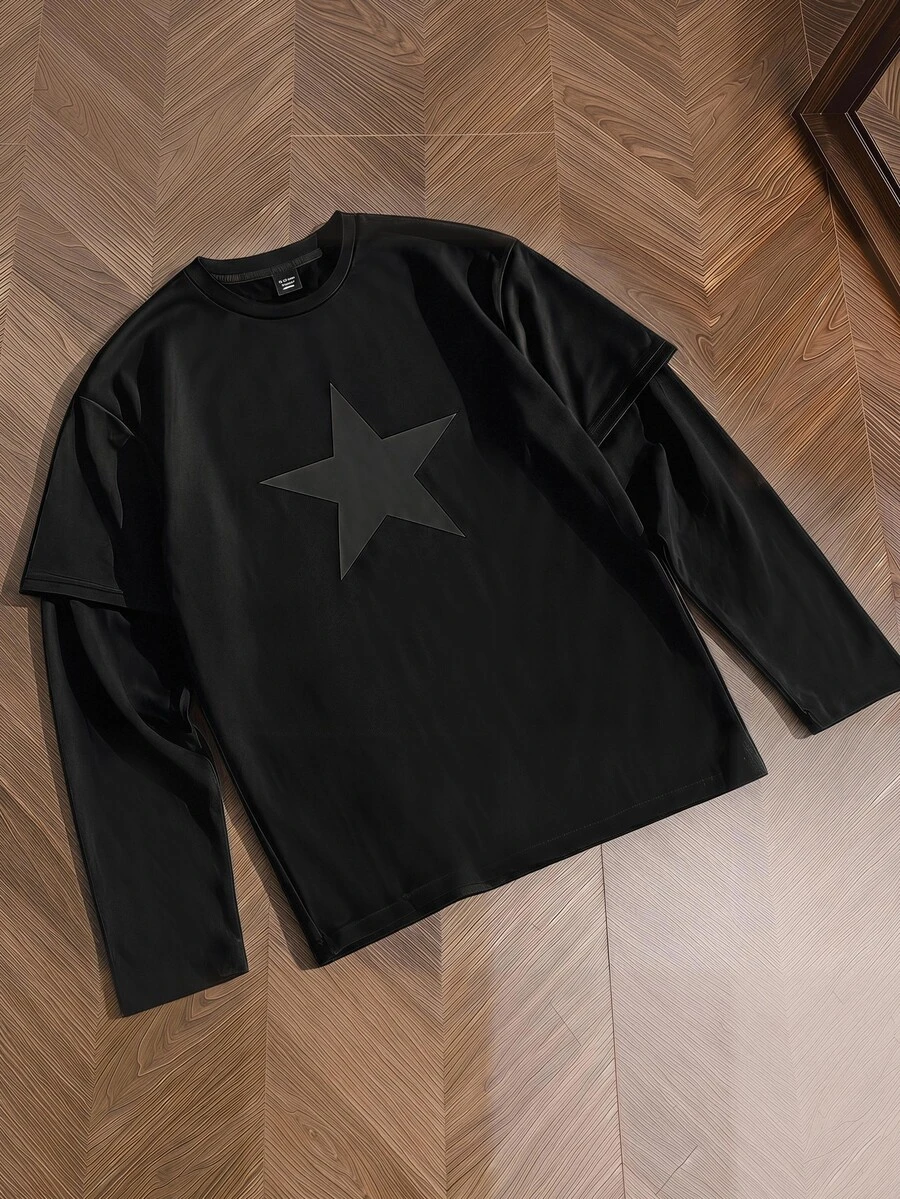 SWAVVY Men's Graphic Print 2 In 1 Long Sleeve T-Shirt - Black - View 1