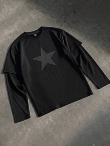 SWAVVY Men's Graphic Print 2 In 1 Long Sleeve T-Shirt - Black - View 2