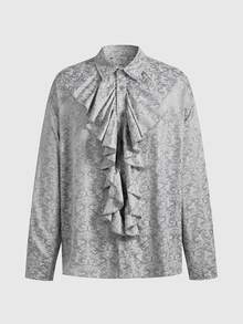 ROMWE MEN Men's Gothic Jacquard Ruffle Shirt - Baby Blue - View 6