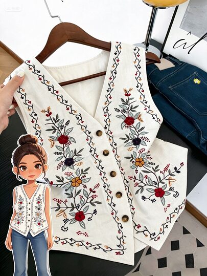 GlowEve CURVE Top de verano sin mangas con cuello en V y botones delanteros, estilo chino nuevo con estampado, para mujer de talla grande, adecuado para moda casual, ir al trabajo, oficina de negocios, ropa casual versátil y elegante para uso diario
