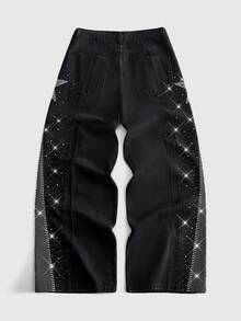 ROMWE MEN Celana Jeans Denim Streetwear Longgar Pria Bergaya Heavy Duty dengan Hiasan Berlian Imitasi dan Motif Bintang Lima Titik - Hitam - View 2