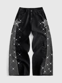 ROMWE MEN Celana Jeans Denim Streetwear Longgar Pria Bergaya Heavy Duty dengan Hiasan Berlian Imitasi dan Motif Bintang Lima Titik - Hitam - View 5