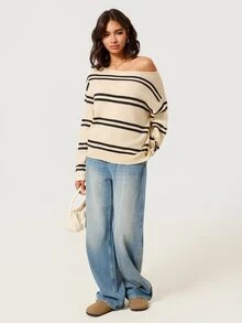 SHEIN BASICS 女款條紋落肩長袖休閒法式海岸風毛衣，藍白條紋，適合早午餐、度假、旅行、日間日常穿著，秋季款 - 彩色 - 查看 6