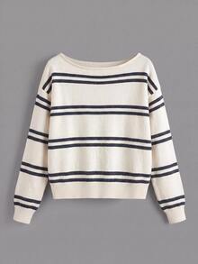 SHEIN BASICS 女款條紋落肩長袖休閒法式海岸風毛衣，藍白條紋，適合早午餐、度假、旅行、日間日常穿著，秋季款 - 彩色 - 查看 3