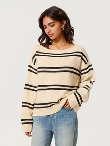 SHEIN BASICS 女款條紋落肩長袖休閒法式海岸風毛衣，藍白條紋，適合早午餐、度假、旅行、日間日常穿著，秋季款 - 彩色 - 查看 11