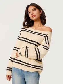SHEIN BASICS 女款條紋落肩長袖休閒法式海岸風毛衣，藍白條紋，適合早午餐、度假、旅行、日間日常穿著，秋季款 - 彩色 - 查看 9