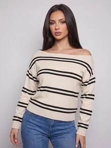 SHEIN BASICS 女款條紋落肩長袖休閒法式海岸風毛衣，藍白條紋，適合早午餐、度假、旅行、日間日常穿著，秋季款 - 彩色 - 查看 5