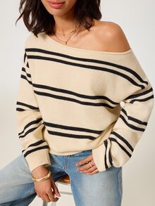 SHEIN BASICS 女款條紋落肩長袖休閒法式海岸風毛衣，藍白條紋，適合早午餐、度假、旅行、日間日常穿著，秋季款 - 彩色 - 查看 12