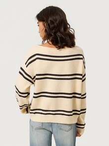 SHEIN BASICS 女款條紋落肩長袖休閒法式海岸風毛衣，藍白條紋，適合早午餐、度假、旅行、日間日常穿著，秋季款 - 彩色 - 查看 8