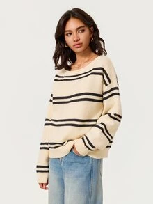 SHEIN BASICS 女款條紋落肩長袖休閒法式海岸風毛衣，藍白條紋，適合早午餐、度假、旅行、日間日常穿著，秋季款 - 彩色 - 查看 13