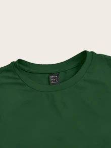 SHEIN ICON 橄榄绿色休闲简约图案圆领短袖短款修身女式T恤 - 墨綠色 - 查看 4