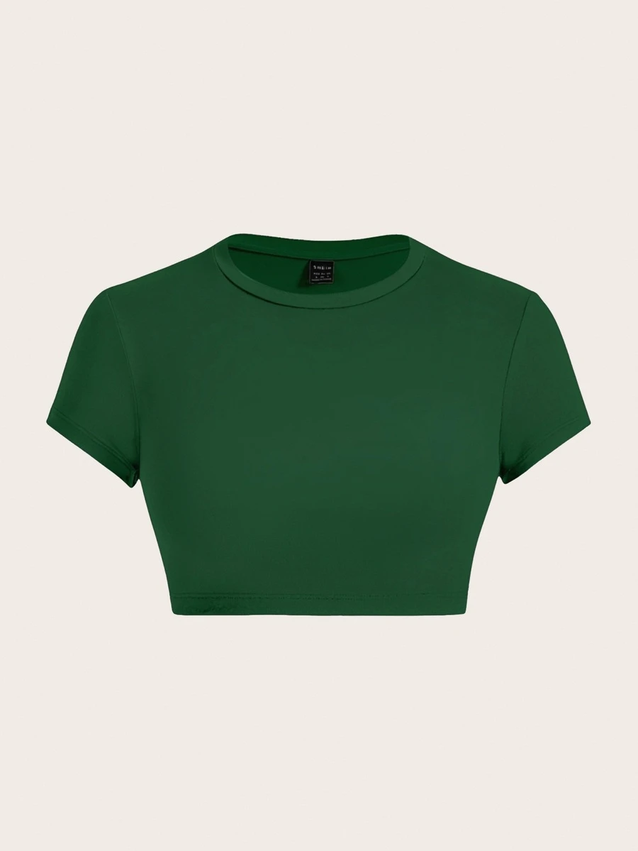 SHEIN ICON 橄榄绿色休闲简约图案圆领短袖短款修身女式T恤 - 墨綠色 - 查看 1