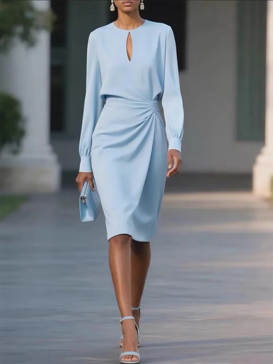 SHEIN Gaun Bodycon Lengan Kelopak dengan Leher Lubang Kunci dan Pinggang Berkerut Warna Biru Muda Polos, Cocok untuk Hari Guru, Kantor, dan Musim Gugur yang Elegan - Biru - View 1
