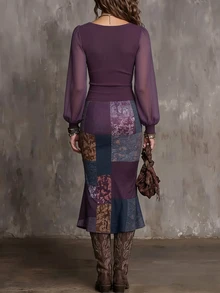 Glimmora Women's Elegant Square-Neck Sheer Mesh Puff-Sleeve Ribbed Top And Paisley Print Slit Mermaid Midi Skirt, Bohemian Style, Two Pieces Set. - Multicolor - View 2