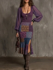 Glimmora Women's Elegant Square-Neck Sheer Mesh Puff-Sleeve Ribbed Top And Paisley Print Slit Mermaid Midi Skirt, Bohemian Style, Two Pieces Set. - Multicolor - View 3
