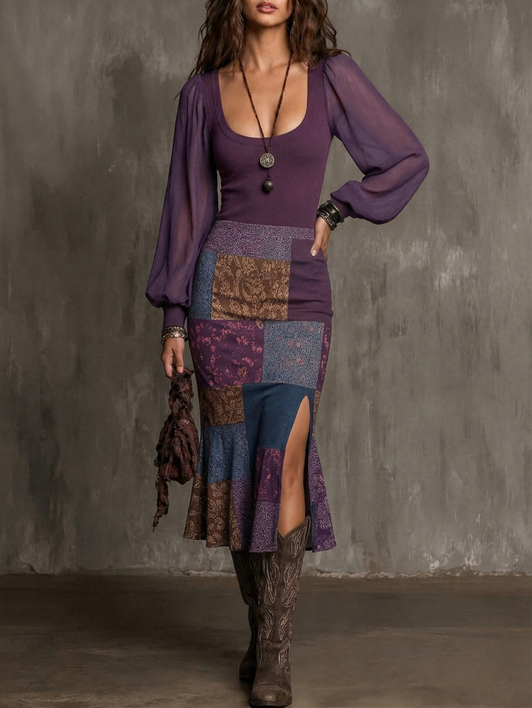 Glimmora Setelan Dua Potong Wanita Elegan Berkerah Persegi, Berbahan Jala Transparan, Lengan Mengembang, dan Rok Midi Model Duyung dengan Belahan Motif Paisley, Gaya Bohemian. - MultiWarna - View 3