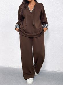 Juhart 大码女式针织休闲度假秋季两件套 - 咖啡棕 - 查看 3
