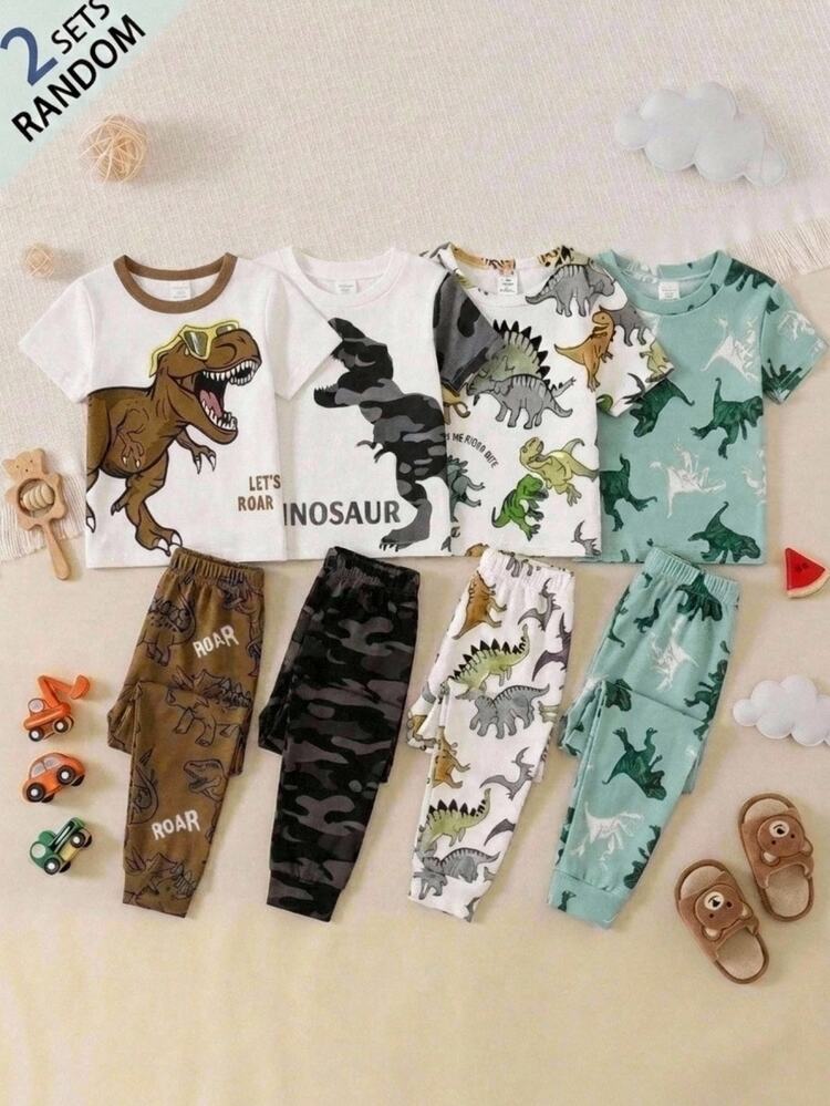 SHEIN Conjunto de ropa de estar en casa para niño joven, estilo casual minimalista, corte slim fit, cómodo, cuello redondo, manga corta y pantalones largos, adecuado para primavera y verano, con estampado clásico y lindo de dinosaurio de dibujos animados - Multicolor - Añade 2