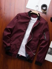Manfinity Homme Men Long Sleeve Solid Zip Up Bomber Outdoor Windbreaker Jacket, For Fall - Burgundy - View 1