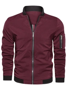 Manfinity Homme Men Long Sleeve Solid Zip Up Bomber Outdoor Windbreaker Jacket, For Fall - Burgundy - View 2