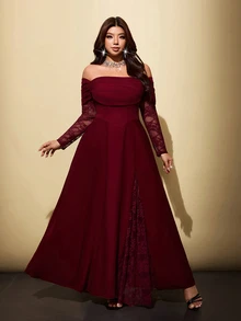 Viva Relle Plus Size Women's Lace Patchwork Cowl Neck Cowl Neck A-Line Long Romantic Dress, Suitable For Prom, Date, Banquet, Wedding And Other Occasions - Burgundy - View 5