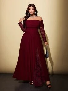 Viva Relle Plus Size Women's Lace Patchwork Cowl Neck Cowl Neck A-Line Long Romantic Dress, Suitable For Prom, Date, Banquet, Wedding And Other Occasions - Burgundy - View 7