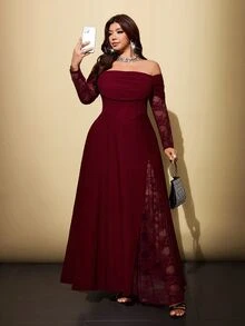 Viva Relle Plus Size Women's Lace Patchwork Cowl Neck Cowl Neck A-Line Long Romantic Dress, Suitable For Prom, Date, Banquet, Wedding And Other Occasions - Burgundy - View 4