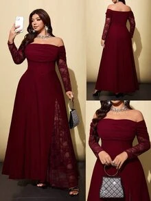 Viva Relle Plus Size Women's Lace Patchwork Cowl Neck Cowl Neck A-Line Long Romantic Dress, Suitable For Prom, Date, Banquet, Wedding And Other Occasions - Burgundy - View 1