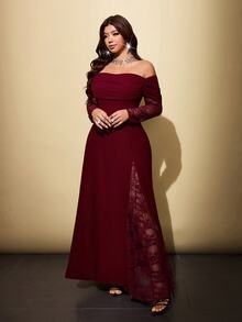 Viva Relle Plus Size Women's Lace Patchwork Cowl Neck Cowl Neck A-Line Long Romantic Dress, Suitable For Prom, Date, Banquet, Wedding And Other Occasions - Burgundy - View 3